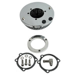 The Moto Iron® Chrome Mesh Air Cleaner for Harley-Davidson CV Carburetors and EFI Throttle Bodies includes hardware—screws, washers, gaskets, a metal ring, and a small elbow fitting—and is shown on a white background.
