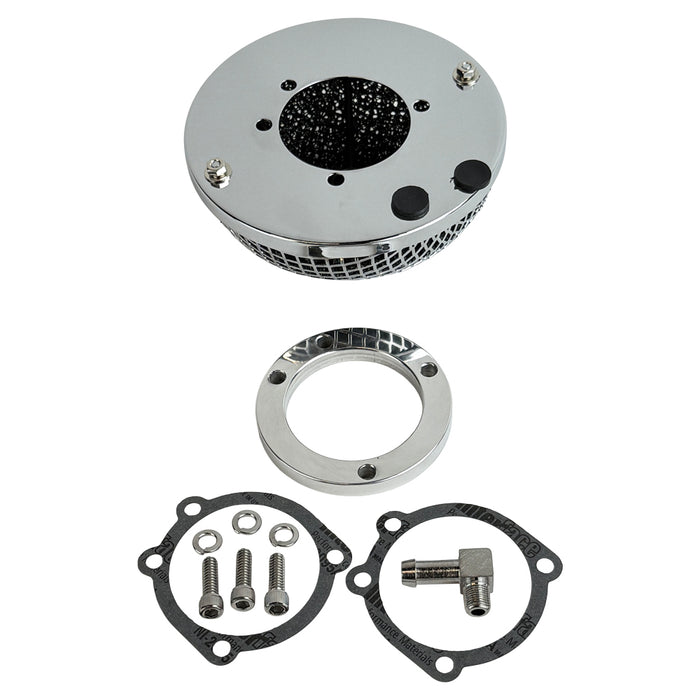 The Moto Iron® Chrome Mesh Air Cleaner for Harley-Davidson CV Carburetors and EFI Throttle Bodies includes hardware—screws, washers, gaskets, a metal ring, and a small elbow fitting—and is shown on a white background.