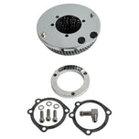 The Moto Iron® Chrome Mesh Air Cleaner for Harley-Davidson CV Carburetors and EFI Throttle Bodies includes hardware—screws, washers, gaskets, a metal ring, and a small elbow fitting—and is shown on a white background.