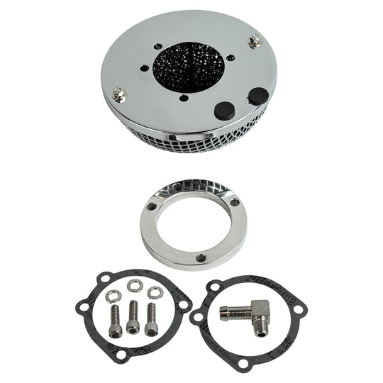 The Moto Iron® Chrome Mesh Air Cleaner for Harley-Davidson CV Carburetors and EFI Throttle Bodies includes hardware—screws, washers, gaskets, a metal ring, and a small elbow fitting—and is shown on a white background.