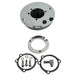 The Moto Iron® Chrome Mesh Air Cleaner for Harley-Davidson CV Carburetors and EFI Throttle Bodies includes hardware—screws, washers, gaskets, a metal ring, and a small elbow fitting—and is shown on a white background.