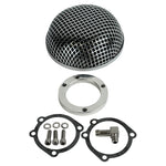 The Moto Iron® Chrome Mesh Air Cleaner for Harley-Davidson CV Carburetors and EFI Throttle Bodies includes hardware—screws, washers, gaskets, a metal ring, and a small elbow fitting—and is shown on a white background.
