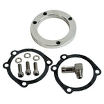 The Moto Iron® Chrome Mesh Air Cleaner for Harley-Davidson CV Carburetors and EFI Throttle Bodies includes hardware—screws, washers, gaskets, a metal ring, and a small elbow fitting—and is shown on a white background.