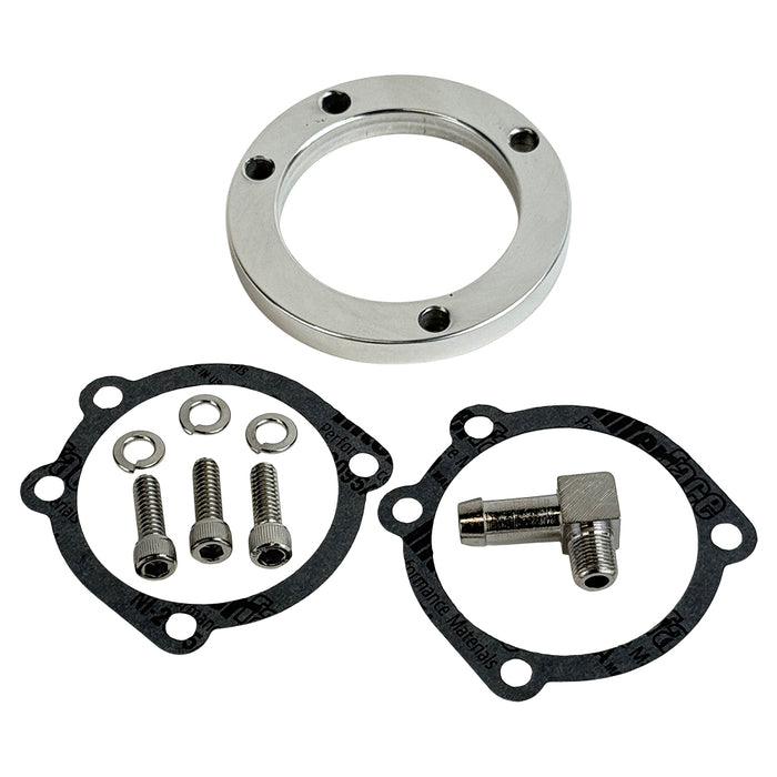 The Moto Iron® Chrome Mesh Air Cleaner for Harley-Davidson CV Carburetors and EFI Throttle Bodies includes hardware—screws, washers, gaskets, a metal ring, and a small elbow fitting—and is shown on a white background.