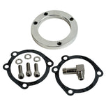 The Moto Iron® Chrome Mesh Air Cleaner for Harley-Davidson CV Carburetors and EFI Throttle Bodies includes hardware—screws, washers, gaskets, a metal ring, and a small elbow fitting—and is shown on a white background.