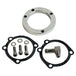 The Moto Iron® Chrome Mesh Air Cleaner for Harley-Davidson CV Carburetors and EFI Throttle Bodies includes hardware—screws, washers, gaskets, a metal ring, and a small elbow fitting—and is shown on a white background.