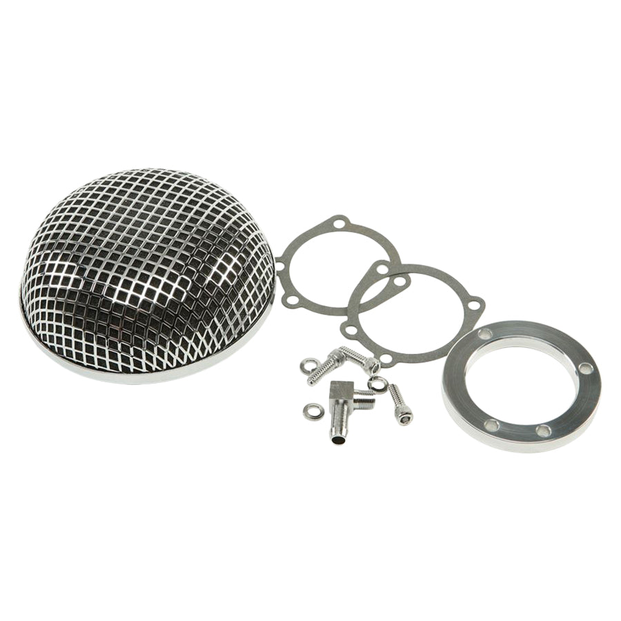 An air filter kit with a Harley Sportster & Big Twin CV Carb and a HardDrive Chrome Mesh Air Cleaner.