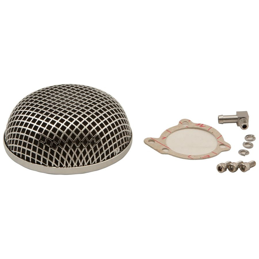 A HardDrive Chrome Mesh Air Cleaner with screws and nuts, combined with vintage styling.