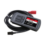 The Dynojet Power Vision 3 2021-2022 M8 Harley Softail/Touring MT22 ECU fuel tuner is a handheld electronic device with a screen displaying a menu and buttons for navigation, connected to a cable with a red plug, perfect for enhancing your Harley Softail's performance.