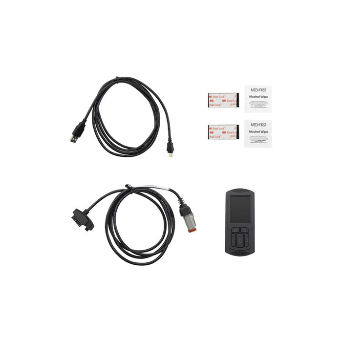 A set of Dynojet Power Vision 3 06-13 Touring, 06-10 Softail, 06-11 Dyna & 07-13 Sportster J1850 ECM cables and a remote control for a car, serving as fuel tuner to optimize the car&