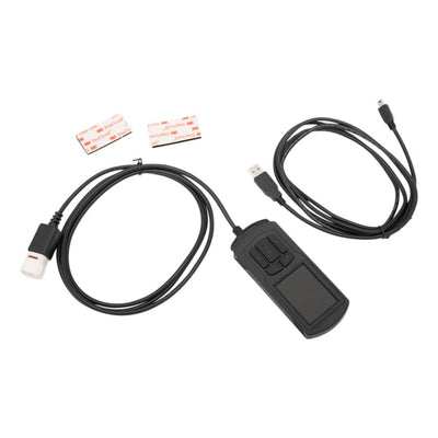 A black cable with two wires attached to the Dynojet Power Vision 3 11-20 Softail, 12-17 Dyna, 14-20 Sportster, 14-20 Touring, 15-20 Street 500/7 and ECU.
