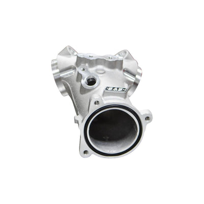A stainless steel intake manifold for a car, specifically designed as a 55mm manifold to enhance performance. Get the S&S Cycle Performance Manifold (55mm) for your Harley M8 engine and experience unparalleled power gains.