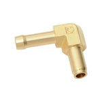 The Moto Iron® Keihin Carburetor Gas Inlet, suitable for '84-'06 models, features a brass right-angle hose connector with a barbed end and smooth opening, shown against a white background.