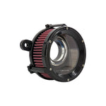 Two Trask Assault Charge High-Flow Air Cleaners for First Gen Harley-Davidson M8, each with an exposed red pleated filter and round metal housing—one in chrome and the other in sleek black.