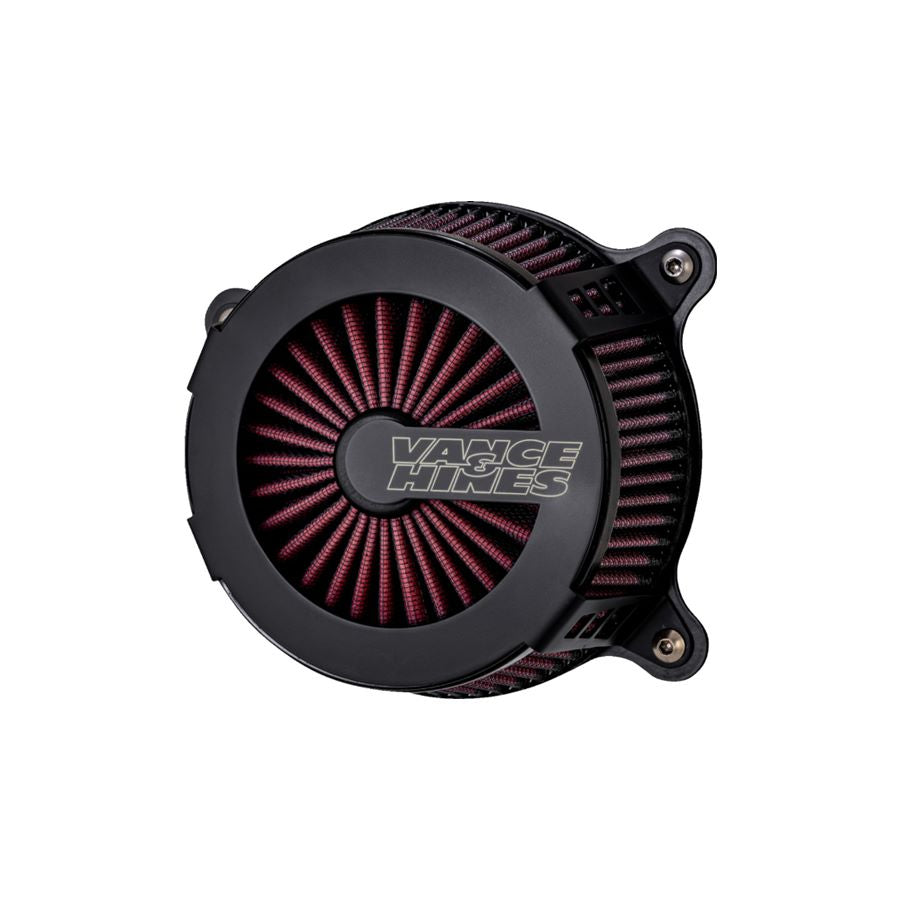 A black V02 Cage Fighter Air Cleaner Kit For Harley 99-17 Twin Cam - Black, designed specifically for Twin Cam motorcycles and manufactured by Vance & Hines.
