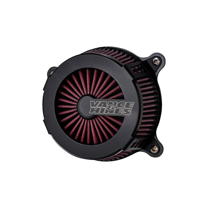 A black Vance & Hines V02 Cage Fighter Air Cleaner Kit For Harley 08-16 FLT/16-17 FLST & FXDLS (FBW) Black motorcycle.