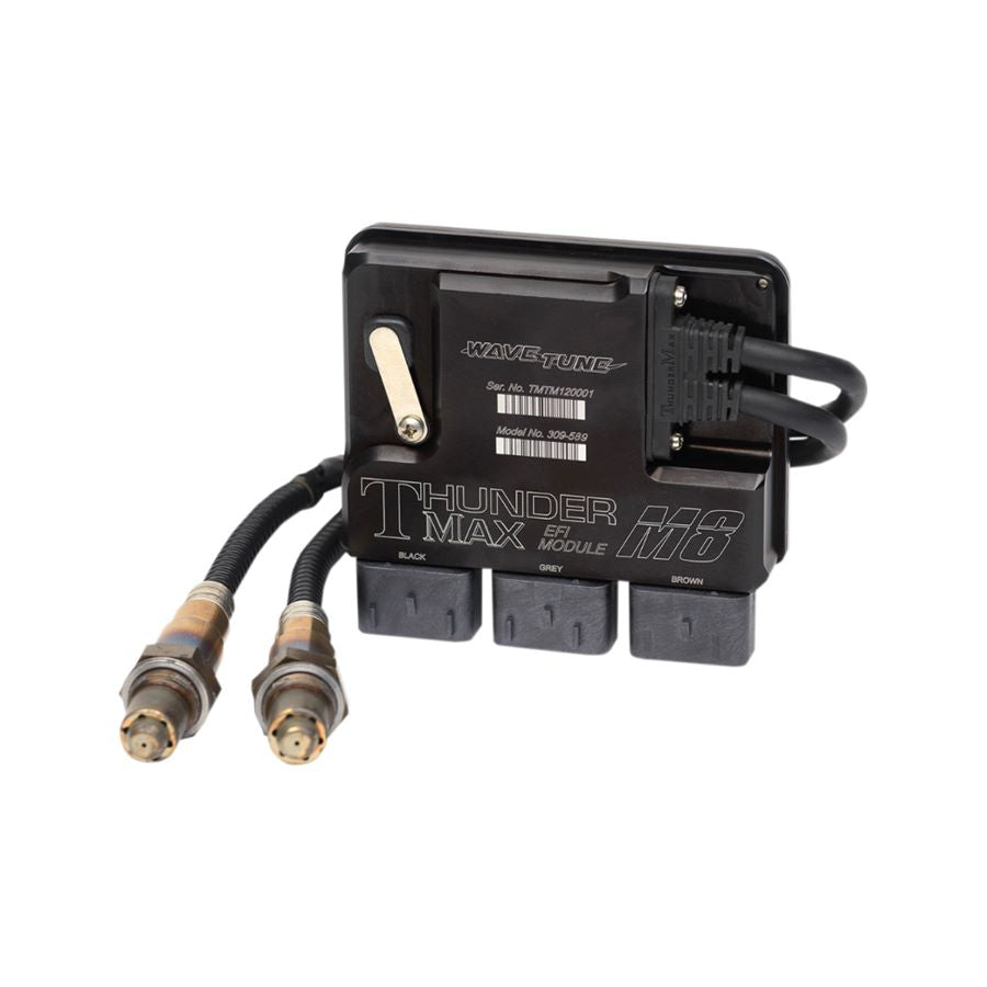 A black box with two wires attached to it, compatible with the Harley M8 Softail, and enhanced by the ThunderMax ECM With Integral Auto Tune System For Harley M8 Softail 2018-2020.