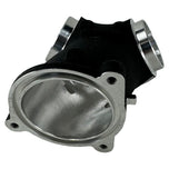 An image of a Premium 55mm CNC Ported Black Manifold for M8 Models by S&S Cycle on a metal surface with performance.
