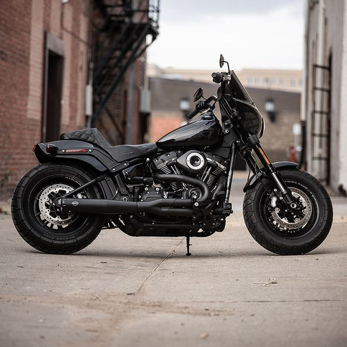 Black cruiser-style Harley-Davidson Softail (2018-2024) with low seat and wide tires, featuring an S&S Cycle Superstreet 2-Into-1 50-State-Legal Exhaust, shown side view on a white background.