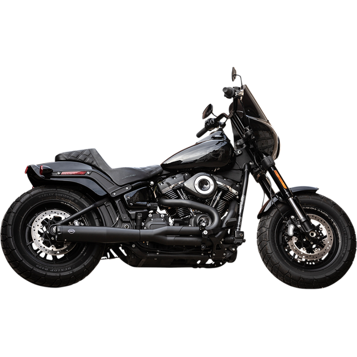 Black cruiser-style Harley-Davidson Softail (2018-2024) with low seat and wide tires, featuring an S&S Cycle Superstreet 2-Into-1 50-State-Legal Exhaust, shown side view on a white background.