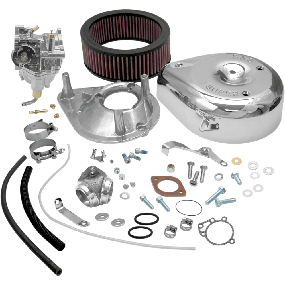 The S&S Cycle Super E Carburetor Kit for 1966-1978 Harley-Davidson Big Twin includes a carburetor, air filter, metal covers, hoses, clamps, gaskets, screws, and hardware—essential parts for precise fuel tuning—shown on a white background.