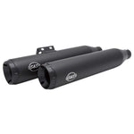 A pair of S&S Cycle Grand National Race Slip-On Mufflers For M8 Softail Black, featuring black exhaust pipes, on a white background.