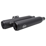 A pair of S&S Cycle Grand National Race Slip-On Mufflers For M8 Softail Black, featuring black exhaust pipes, on a white background.