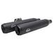 A pair of S&S Cycle Grand National Race Slip-On Mufflers For M8 Softail Black, featuring black exhaust pipes, on a white background.