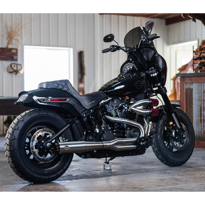 Black cruiser-style Harley-Davidson Softail (2018-2024) with low seat and wide tires, featuring an S&S Cycle Superstreet 2-Into-1 50-State-Legal Exhaust, shown side view on a white background.
