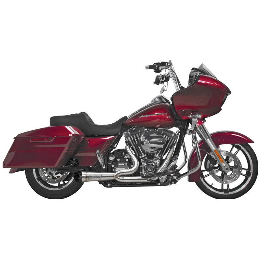 A Two Brothers Harley Davidson Touring (1995-2016) Comp-S Shorty 2-1 Stainless Full System motorcycle with a red exhaust on a white background.