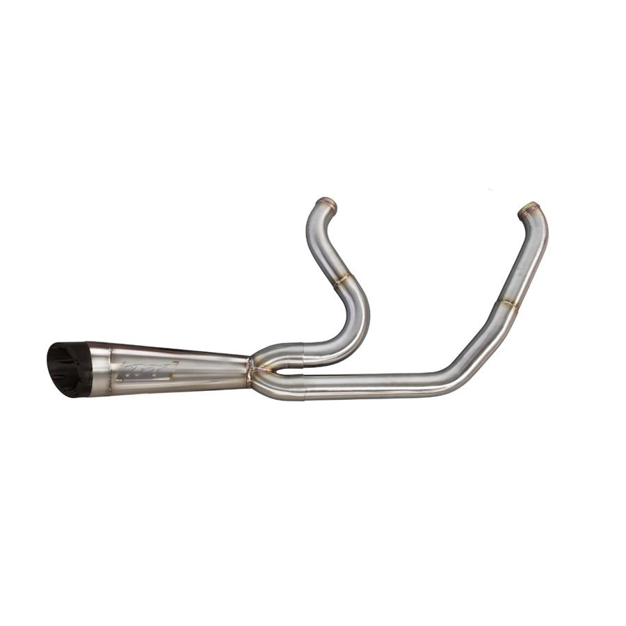 Two Bros. stainless steel headers for Harley Davidson Touring with a double curve design, isolated on a white background.