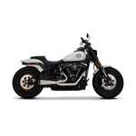 A black Harley Davidson M8 Softail motorcycle on a white background, showcasing the high quality materials used in the Two Brothers Comp S Stainless 2 into 1 Exhaust for Harley Davidson M8 Softail.