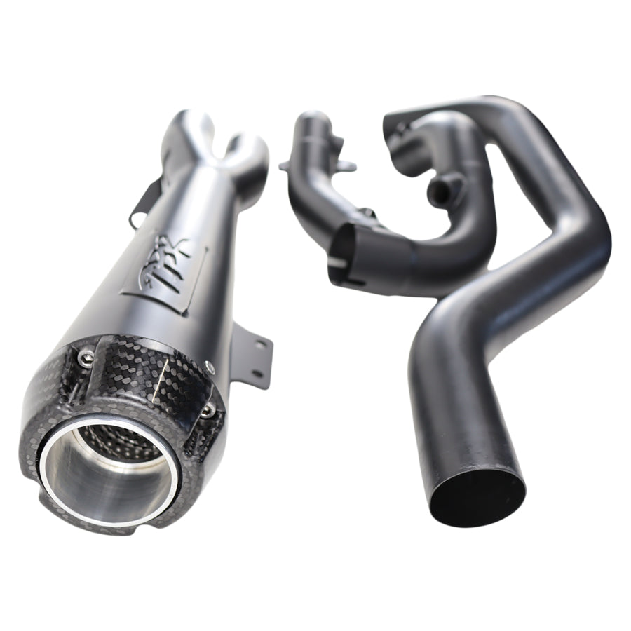 A black Two Brothers Comp S Black 2 into 1 Exhaust for Harley Nightster RH975 2022-UP on a white background.