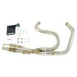 The Sawicki Speed Cannon 2 into 1 Pipe fits '04-'21 Sportster models and includes a stainless steel exhaust pipe, mounting bracket, springs, washers, and small hardware pieces arranged on a white background—ideal for upgrading your Sportster’s exhaust system.