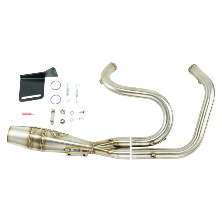 A stainless steel exhaust pipe kit, specifically a Sawicki Speed Cannon 2 into 1 Pipe, for motorcycle models like Sportster.