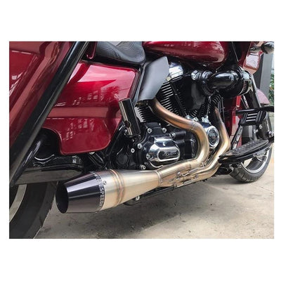 A close up of a red motorcycle with a Sawicki Speed - Shorty 2 into 1 Pipe '95-'16 Touring Models -Stainless.