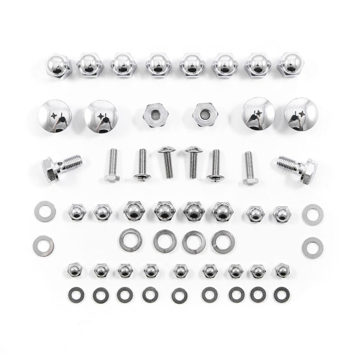 The XS-Performance Yamaha XS650 Top End Fastener Set (1972–1983) includes organized metal bolts, nuts, and washers—ideal for your engine&