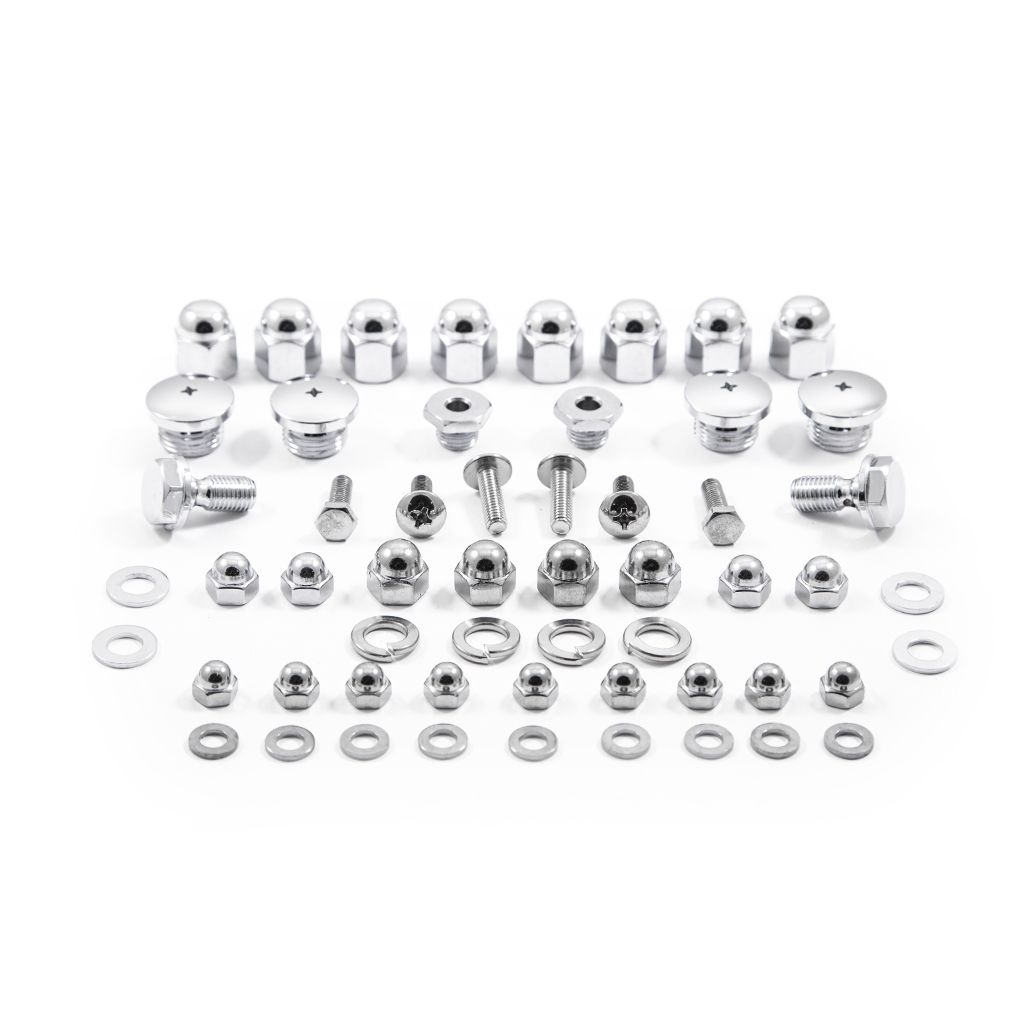 The XS-Performance Yamaha XS650 Top End Fastener Set (1972–1983) includes organized metal bolts, nuts, and washers—ideal for your engine&