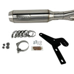 A blue and black cruiser motorcycle with white accents is shown in side profile on a white background, featuring the Bassani 2-into-1 Stainless Exhaust with Super Bike Muffler for 2018–2024 Harley-Davidson Low Rider ST, Heritage, and Sport Glide.