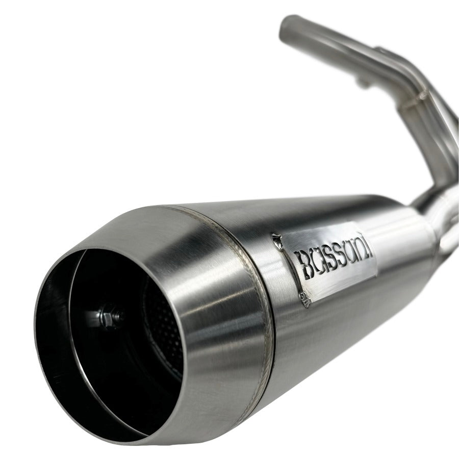 A blue and white Bassani 2 into1 Stainless Exhaust "Super Bike" Muffler 2018-2024 Lowrider ST & M8 Sport Glide motorcycle on a white background.