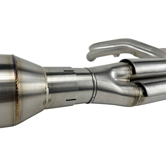 A blue and white Bassani 2 into1 Stainless Exhaust "Super Bike" Muffler 2018-2024 Lowrider ST & M8 Sport Glide motorcycle on a white background.