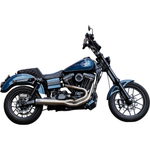 A blue and black cruiser with a V-twin engine, black seat, tall handlebars, and an S&S Cycle Qualifier 2-into-1 Exhaust System for 2006-2017 Harley-Davidson Dyna, viewed from the side on a white background.