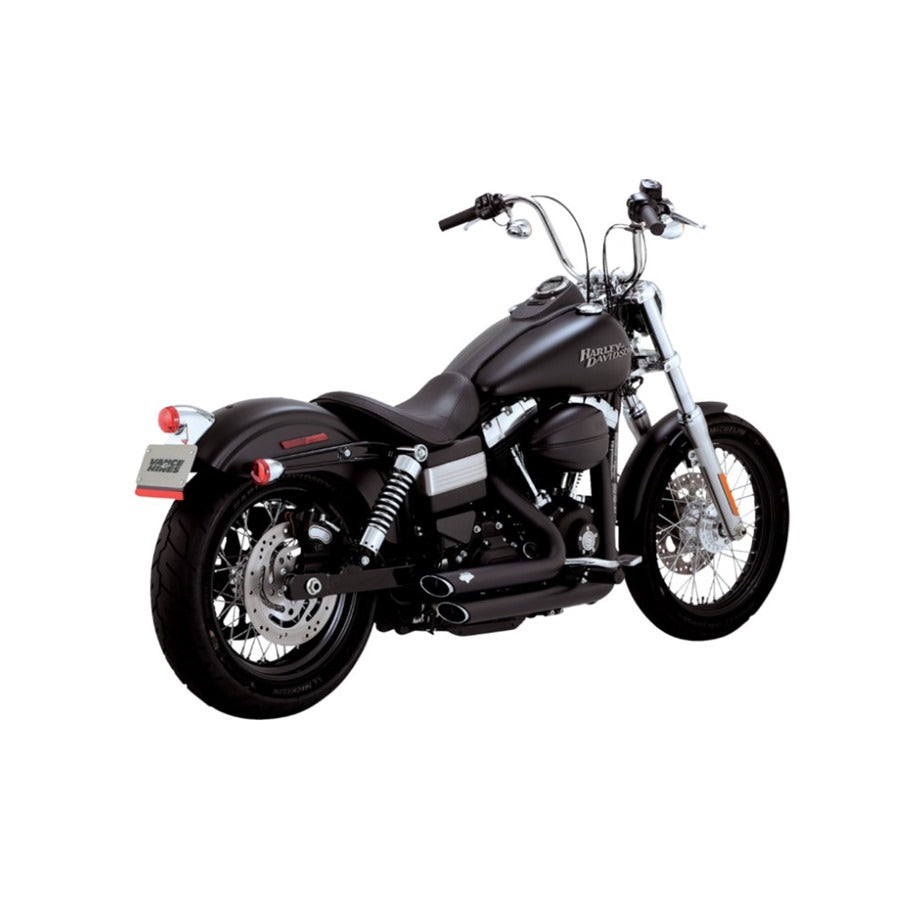A black Harley Davidson motorcycle with Short shots 2010-2017 Low rider, Fat Bob. Street Bob Super glide - Chrome by Vance & Hines on a white background.