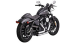 A close up of a motorcycle with Vance & Hines Shortshots Staggered Exhaust System 2014-2021 Sportster - Chrome exhaust pipes from the exhaust system.