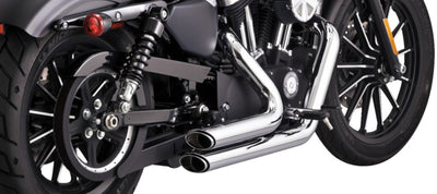 A close up of a motorcycle with Vance & Hines Shortshots Staggered Exhaust System 2014-2021 Sportster - Chrome exhaust pipes from the exhaust system.