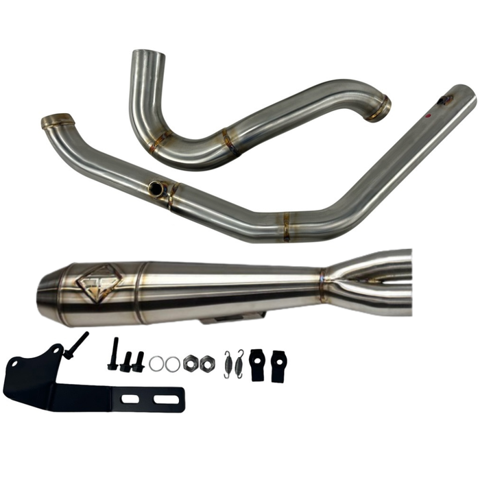 SP Concepts Lane Splitter Exhaust System for 2018-Up Harley-Davidson Softail w/ TC Bros. Mid Controls, includes stainless steel 2-into-1 pipe kit with mounting hardware, brackets, and fasteners, shown on a white background.