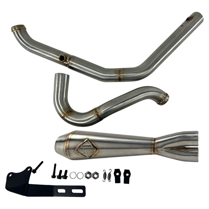 SP Concepts Lane Splitter Exhaust System for 2018-Up Harley-Davidson Softail w/ TC Bros. Mid Controls, includes stainless steel 2-into-1 pipe kit with mounting hardware, brackets, and fasteners, shown on a white background.