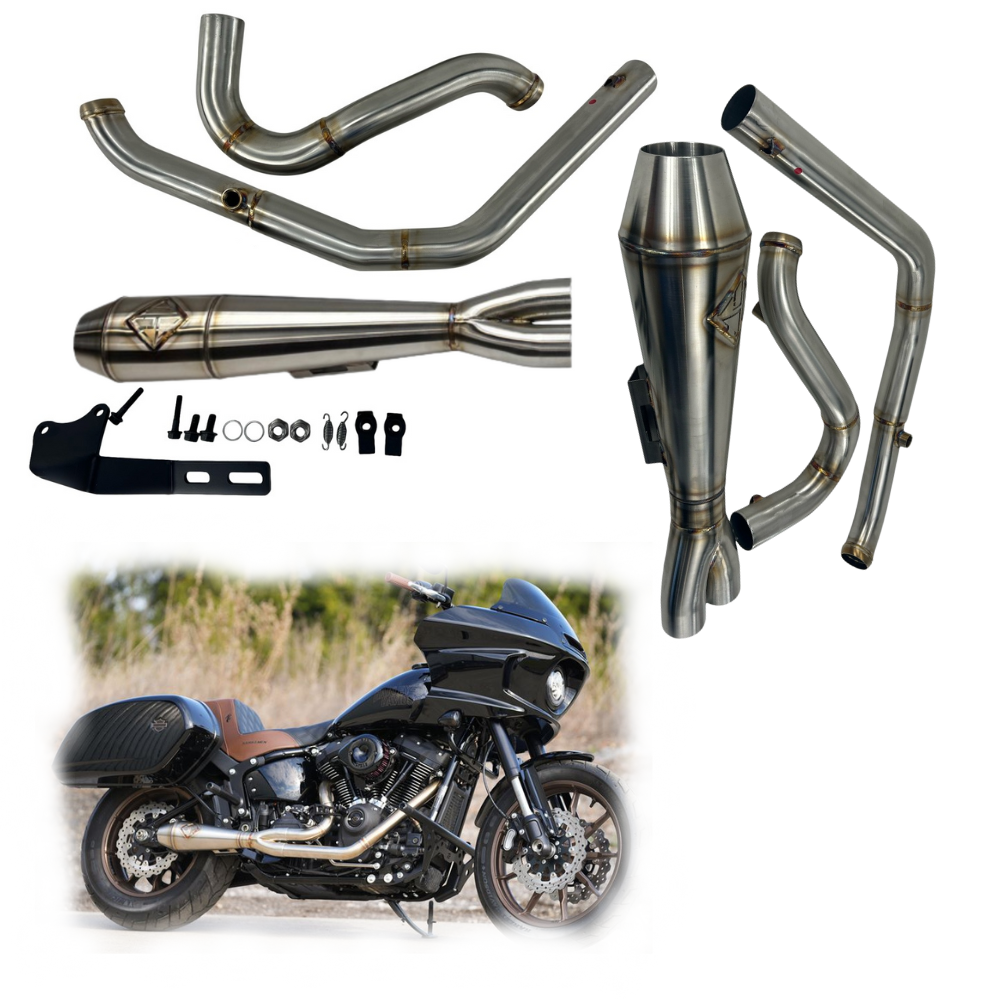 SP Concepts Lane Splitter Exhaust System for 2018-Up Harley-Davidson Softail w/ TC Bros. Mid Controls, includes stainless steel 2-into-1 pipe kit with mounting hardware, brackets, and fasteners, shown on a white background.