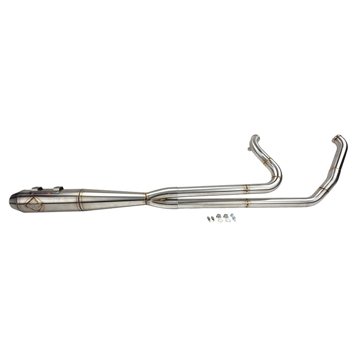 A close up of a SP Concepts M8 Bagger stainless full-length exhaust pipe.