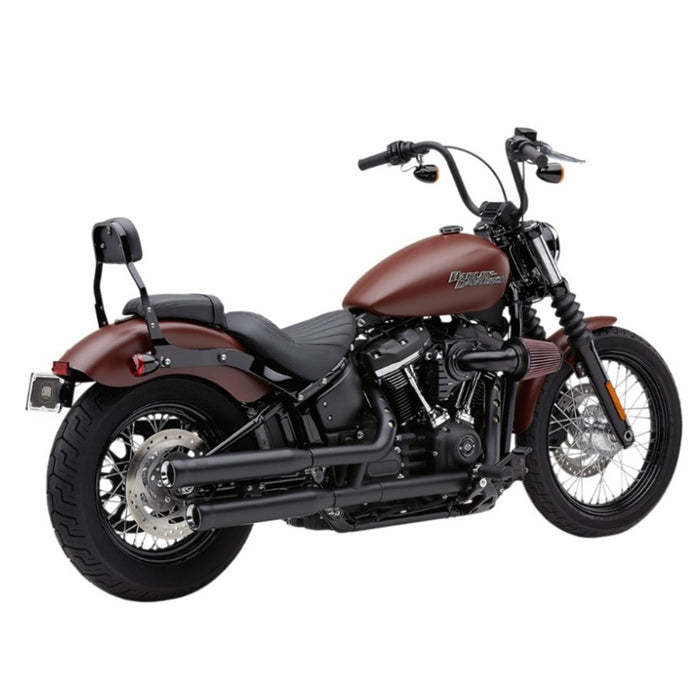 Neighbor Hater Slip On Mufflers - Black for 2018-2024 Softail models with screws on a white background, compatible with Softail models.